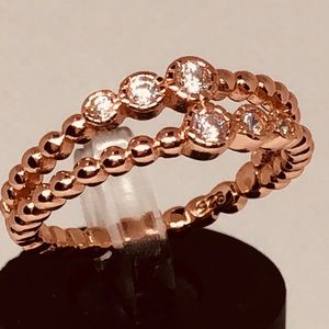 Sterling Silver Rose Gold Double-beaded CZ Ring